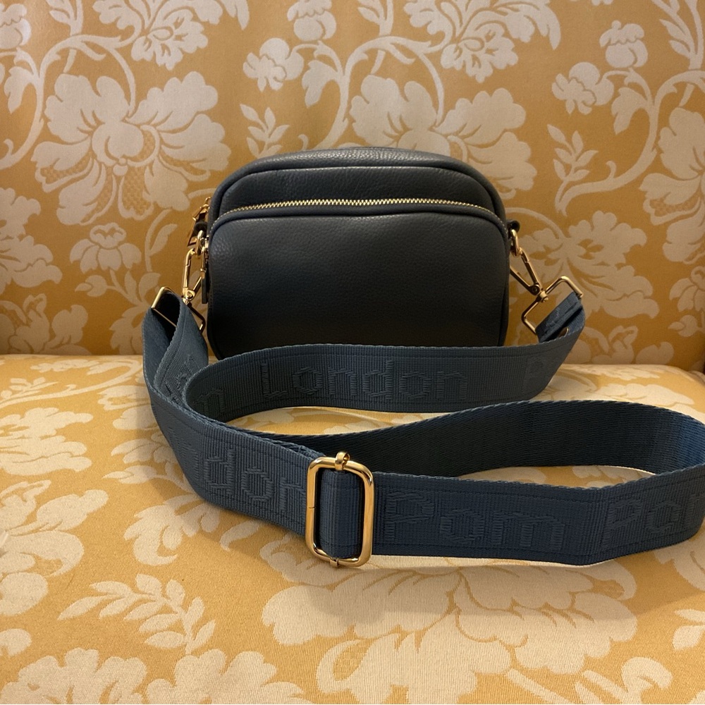 NWOT Pom Pom London Original Leather Crossbody Bag Slate Blue